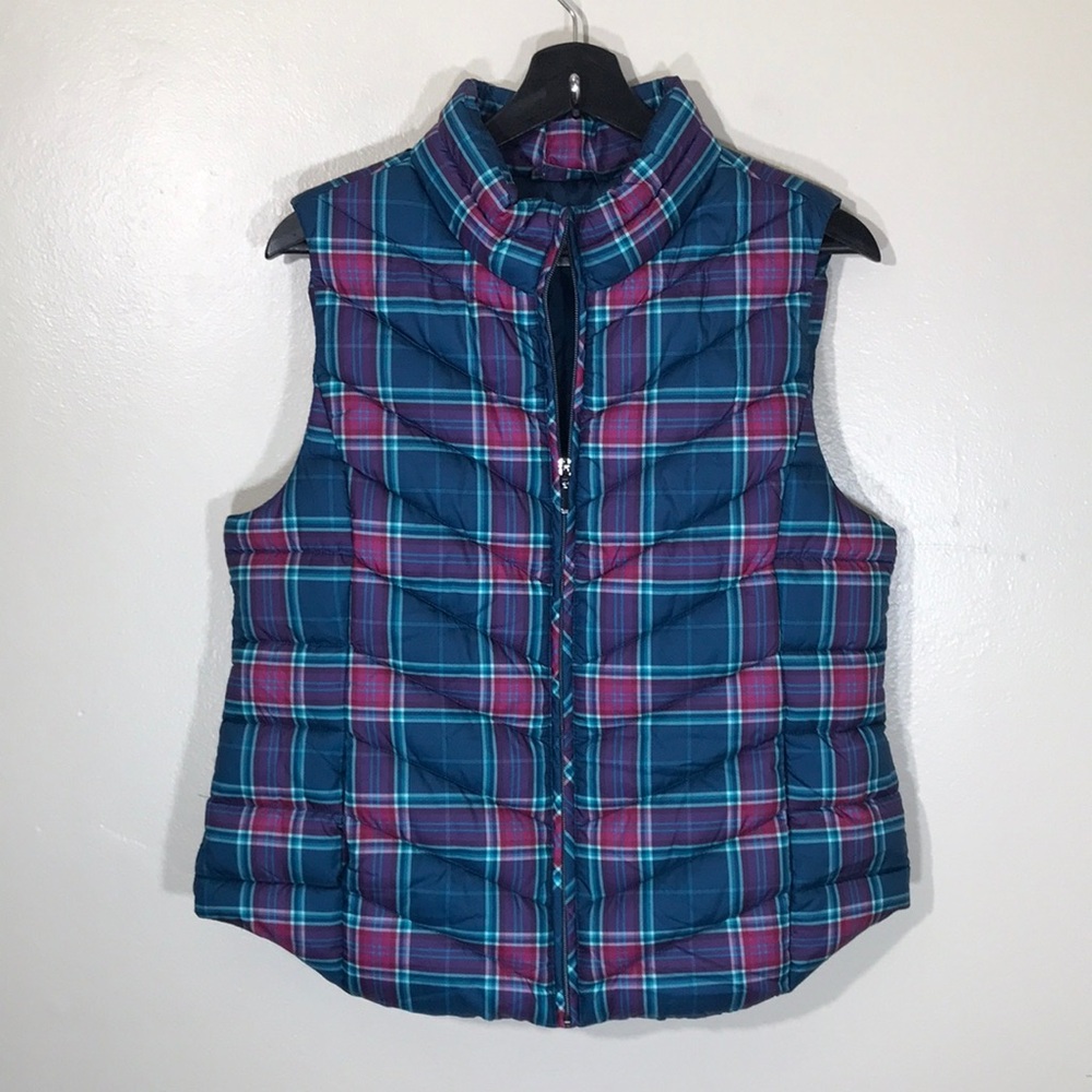Christopher & Banks Women's PM Puffer Vest Blue Plaid Zip Front Pockets